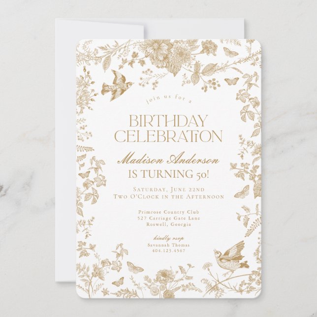 Gold Toile De Jouy French Floral Birthday Party Invitation (Front)