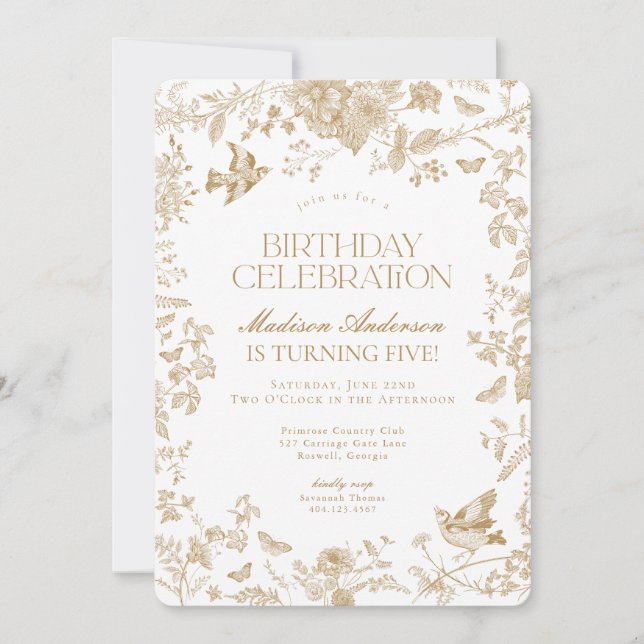 Gold Toile De Jouy French Floral Birthday Party Invitation (Front)