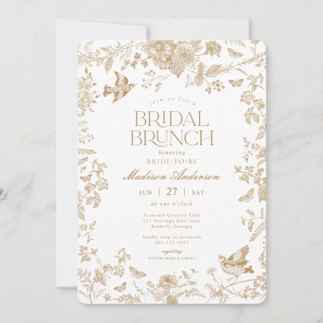 Gold Toile De Jouy French Floral Bridal Brunch Invitation (Front)