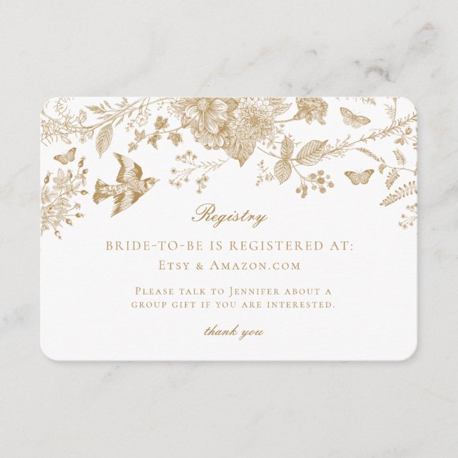 Gold Toile de Jouy Registry Card Invitation Insert (Front)