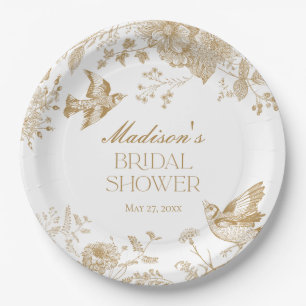 Gold Toile De Jouy Vintage Floral Bridal Shower Paper Plate