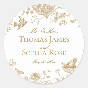 Gold Toile De Jouy Vintage Floral Wedding Favour Classic Round Sticker