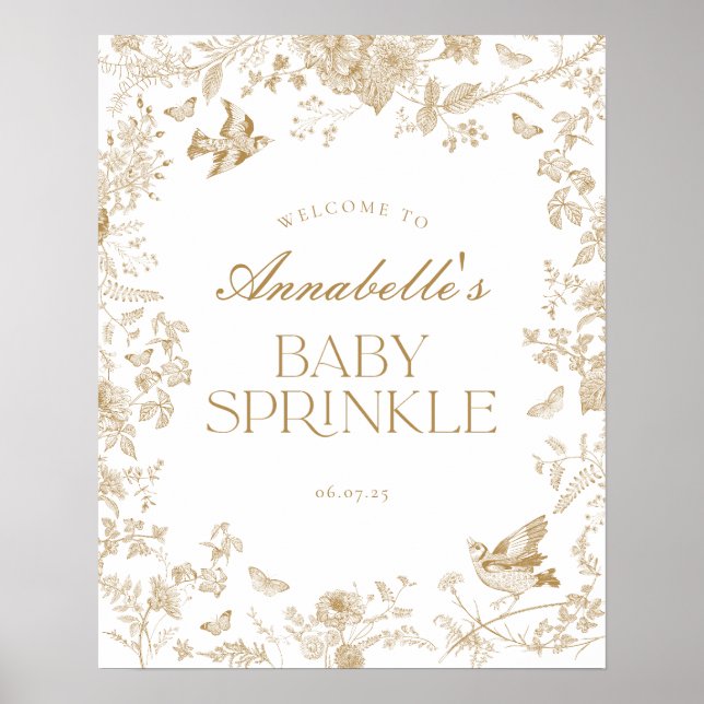 Gold Toile Jouy Floral Baby Sprinkle Welcome Sign (Front)