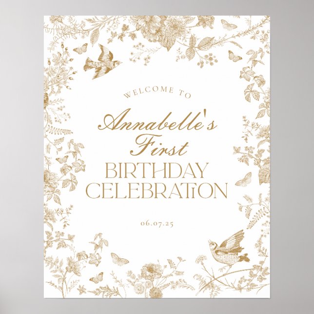 Gold Toile Jouy Floral Birthday Party Welcome Sign (Front)