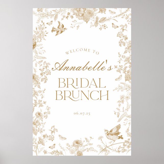 Gold Toile Jouy Floral Bridal Brunch Welcome Sign (Front)