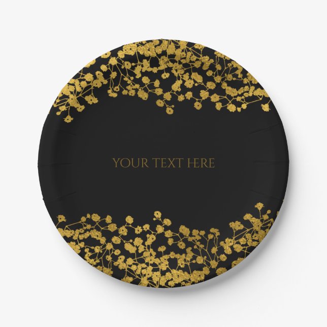 Gold Tone Baby's Breath Black Elegant Floral Paper Plate (Front)