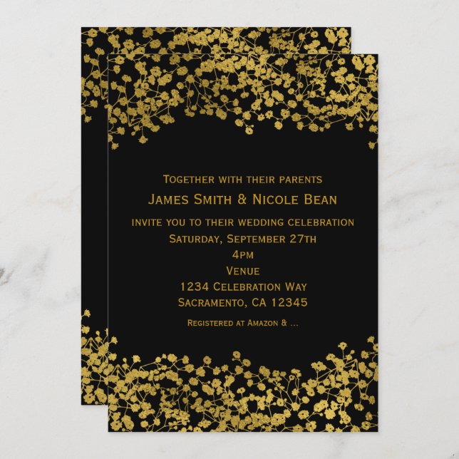Gold Tone Baby's Breath Black Elegant Invitations (Front/Back)