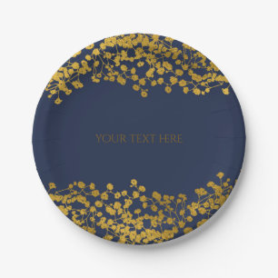 Gold Tone Baby's Breath Blue Elegant Floral Paper Plate