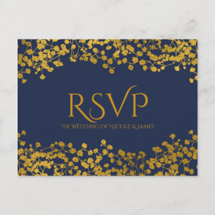 Gold Tone Baby's Breath Blue Elegant Floral RSVP Invitation Postcard