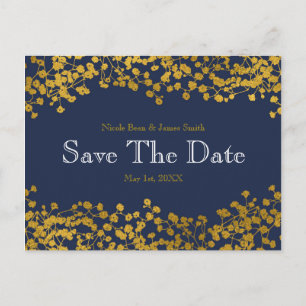 Gold Tone Baby's Breath Blue Save the Date Announcement Postcard