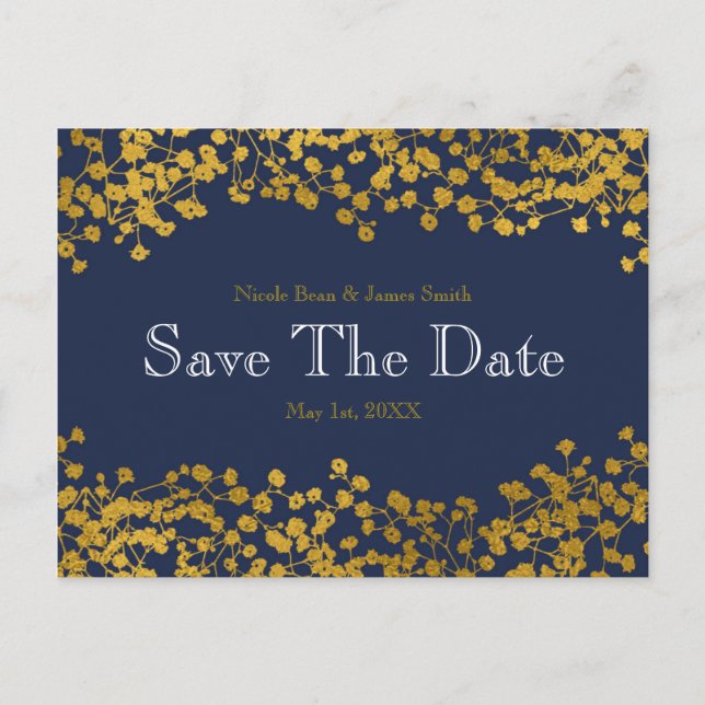 Gold Tone Baby's Breath Blue Save the Date Announcement Postcard (Front)
