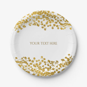 Gold Tone Baby's Breath White Elegant Floral Paper Plate
