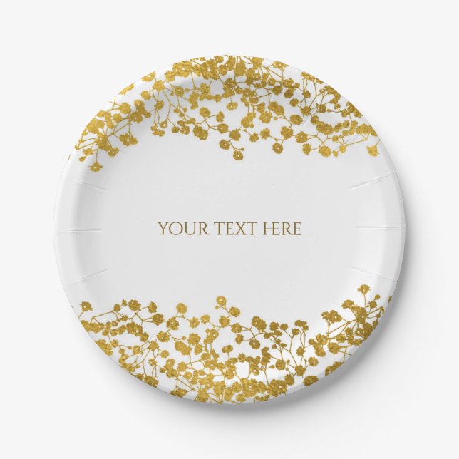 Gold Tone Baby's Breath White Elegant Floral Paper Plate (Front)