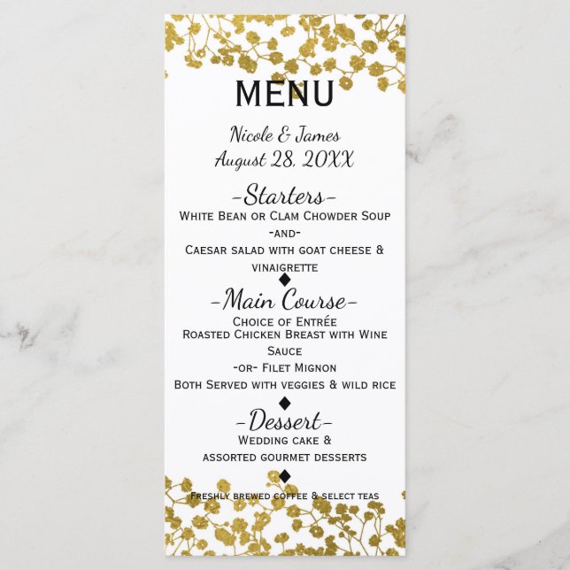 Gold Tone Baby's Breath White Elegant Menu Card (Front)