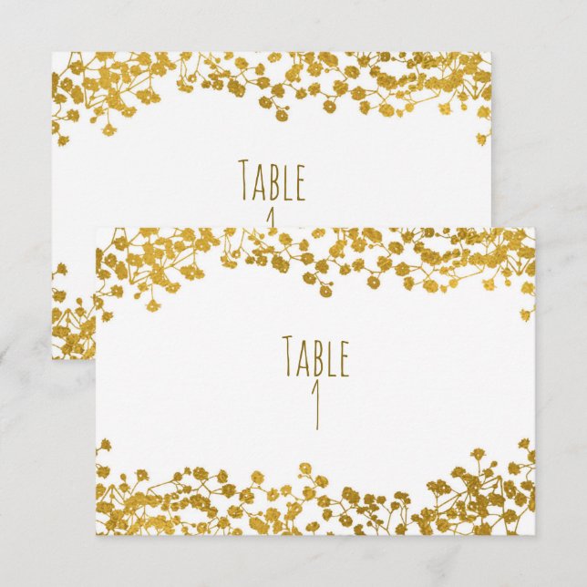 Gold Tone Baby's Breath White Elegant Table Number (Front/Back)