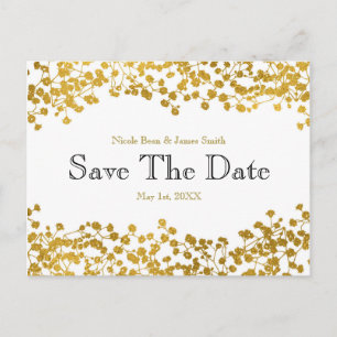 Gold Tone Baby's Breath White Save the Date Announcement Postcard