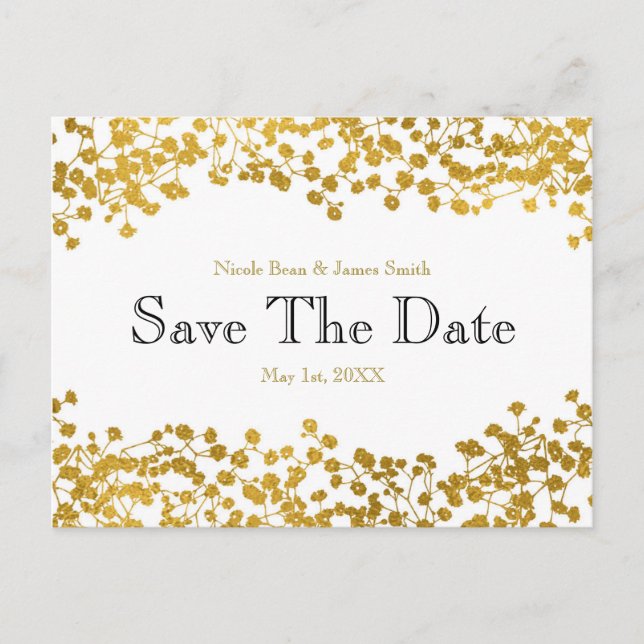 Gold Tone Baby's Breath White Save the Date Announcement Postcard (Front)