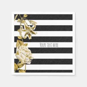 Gold Tone Floral Black & White Striped Napkin