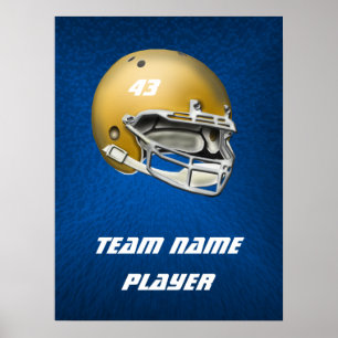 Gold Tone Football Helmet on Blue Background Poster