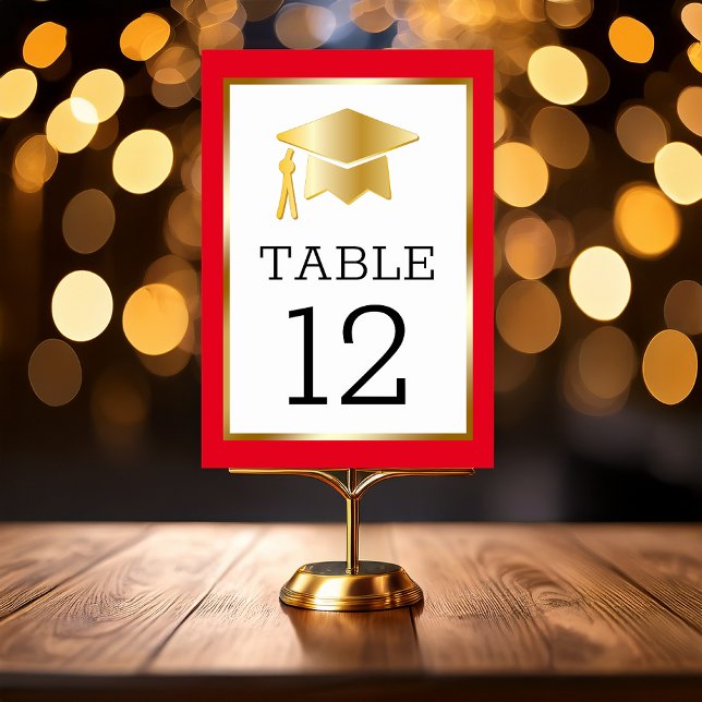 Gold Tone Grad Cap on Red Classy Graduation Table  Number (Gold Tone Grad Cap Graduation Table Number Cards with Black Text - Red  Printed Frame)