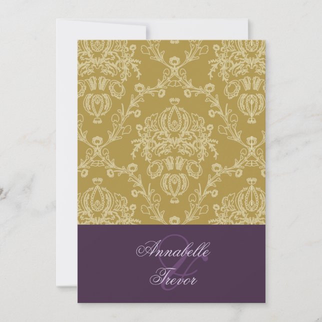 Gold tone/ivory cream lace with plum accent invitation (Front)