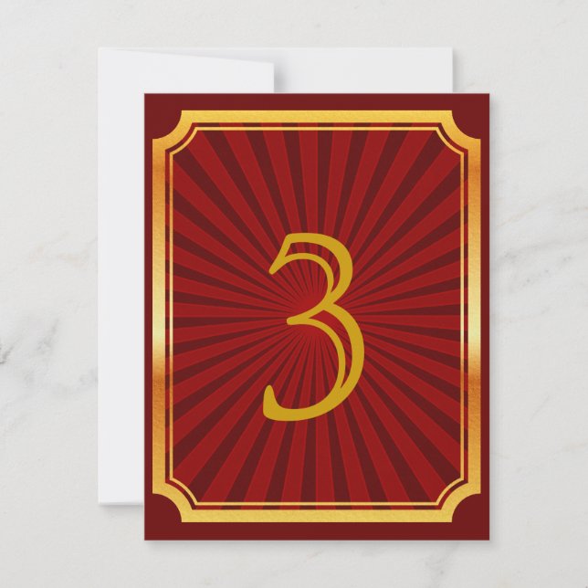 Gold Tone & Red Art Deco Style Table Number Card (Front)