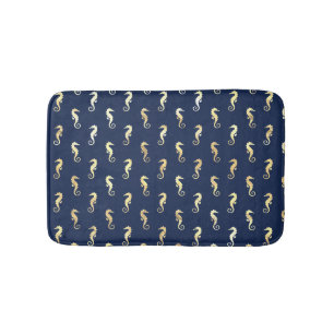 Gold Tone Seahorses over Navy Blue Bath Mat