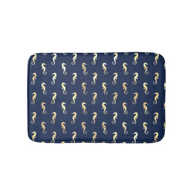 Gold Tone Seahorses over Navy Blue Bath Mat (Front)