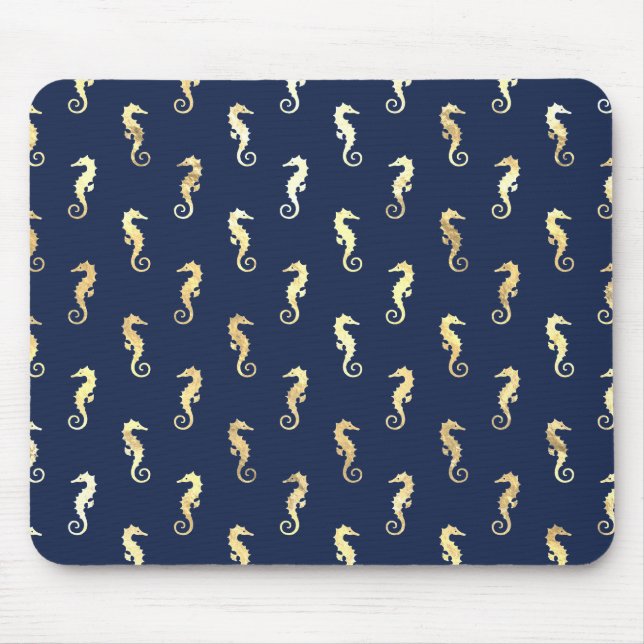 Gold Tone Seahorses over Navy Blue Mouse Mat (Front)