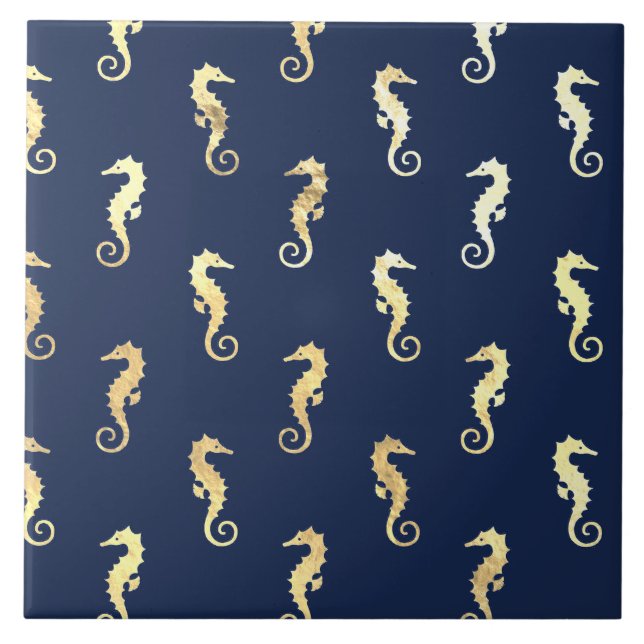 Gold Tone Seahorses over Navy Blue Tile (Front)
