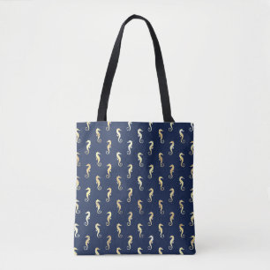 Gold Tone Seahorses over Navy Blue Tote Bag