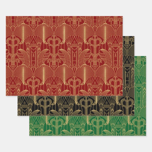 Gold tones Art Deco pattern Wrapping Paper Sheet (Set)