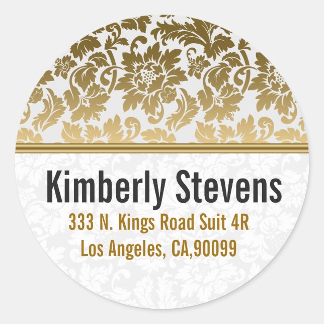 Gold Tones Floral Damasks Over White Background Classic Round Sticker (Front)