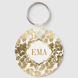 Gold Tones Floral Damasks Over White Background Key Ring