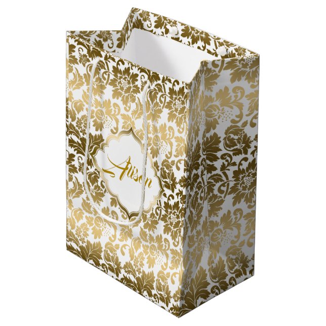 Gold Tones Floral Damasks Over White Background Medium Gift Bag (Front Angled)