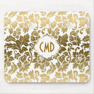 Gold Tones Floral Damasks Over White Background Mouse Mat