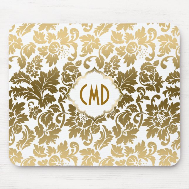 Gold Tones Floral Damasks Over White Background Mouse Mat (Front)