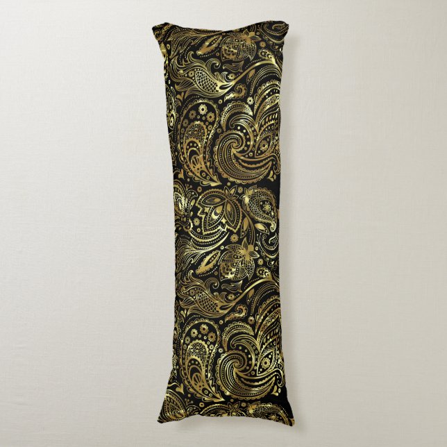Gold Tones Floral Paisley Lace Black Background Body Cushion (Front Vertical)