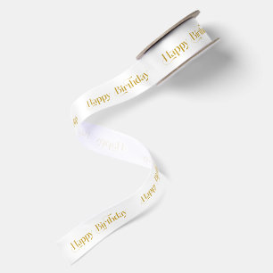 Gold Tones Happy Birthday Retro Typography Satin Ribbon