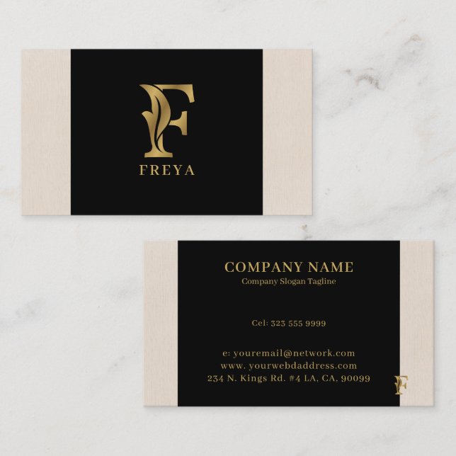 Gold tones letter F floral decorative Business Card (Front/Back)