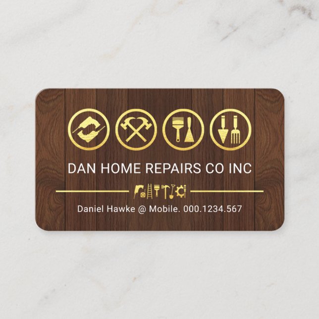 Gold Tools Line On Timber Wood Business Card (Front)