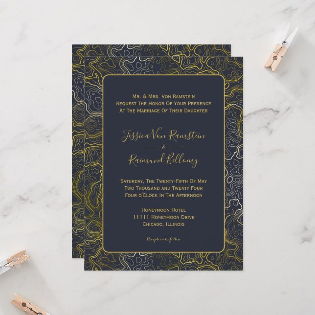 Gold Topography Wedding Invitation (Front/Back In Situ)