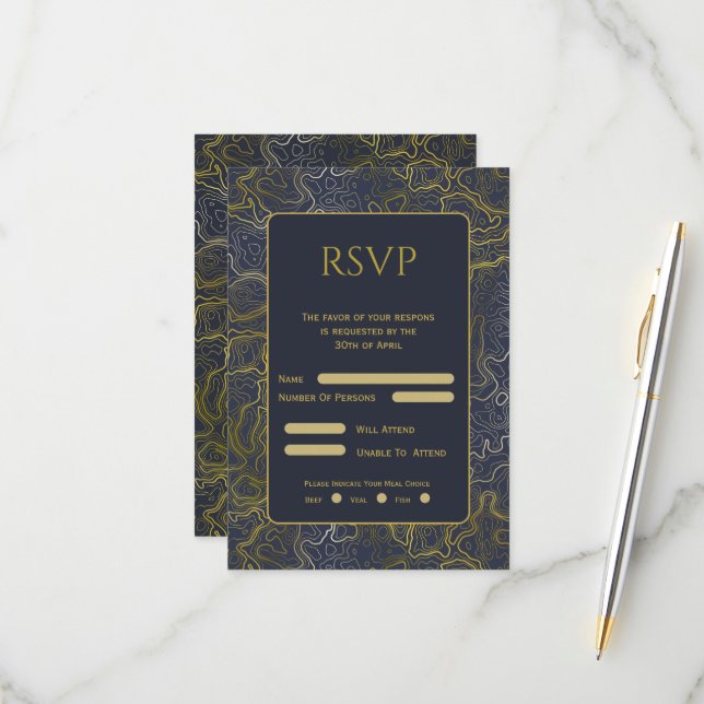 Gold Topography Wedding RSVP Card (Front/Back In Situ)