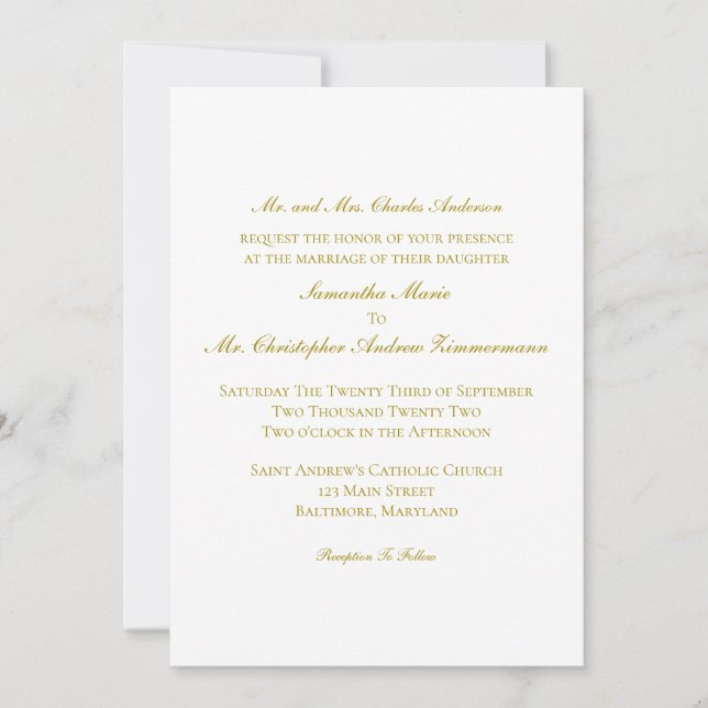 Gold Traditional Classic Formal Elegant Wedding  Invitation (Front)