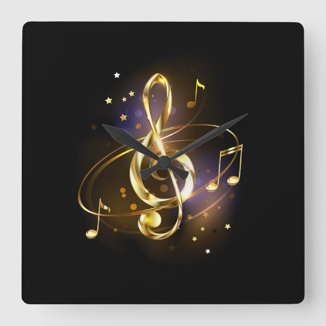 Gold Treble Clef Music Square Wall Clock (Front)