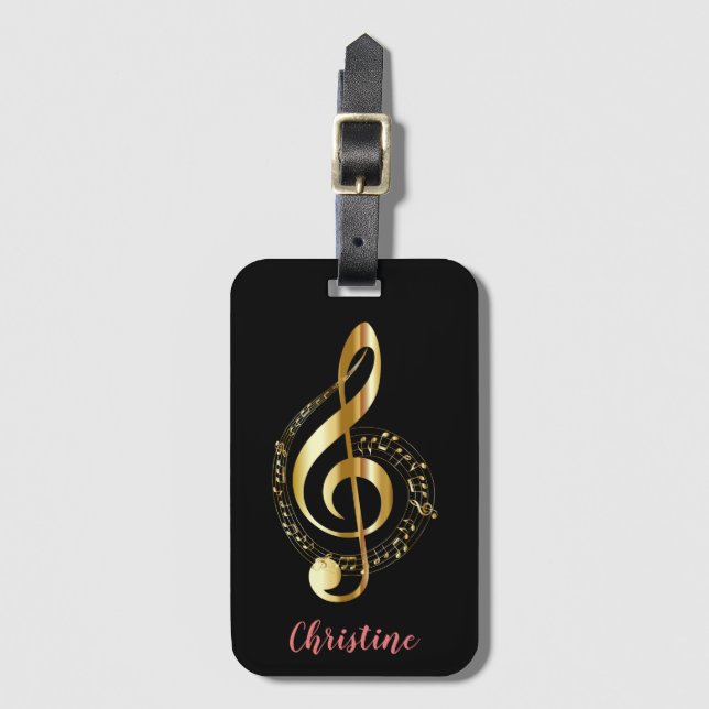 Gold Treble Clef Personalised Music Luggage Tag (Front Vertical)