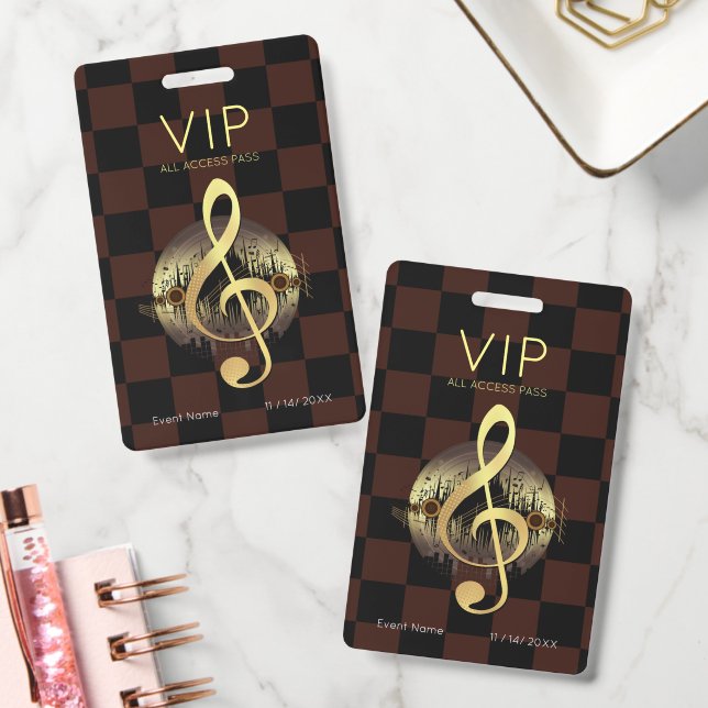 Gold Treble Clef VIP All Access Chequered Design ID Badge (Office)