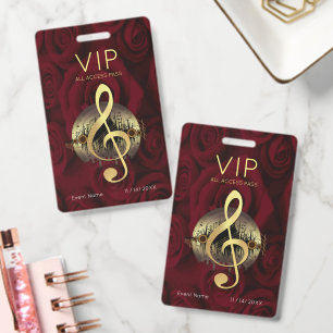 Gold Treble Clef VIP All Access Elegant Rose ID Badge
