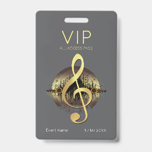 Gold Treble Clef VIP All Access Modern Grey Luxury ID Badge