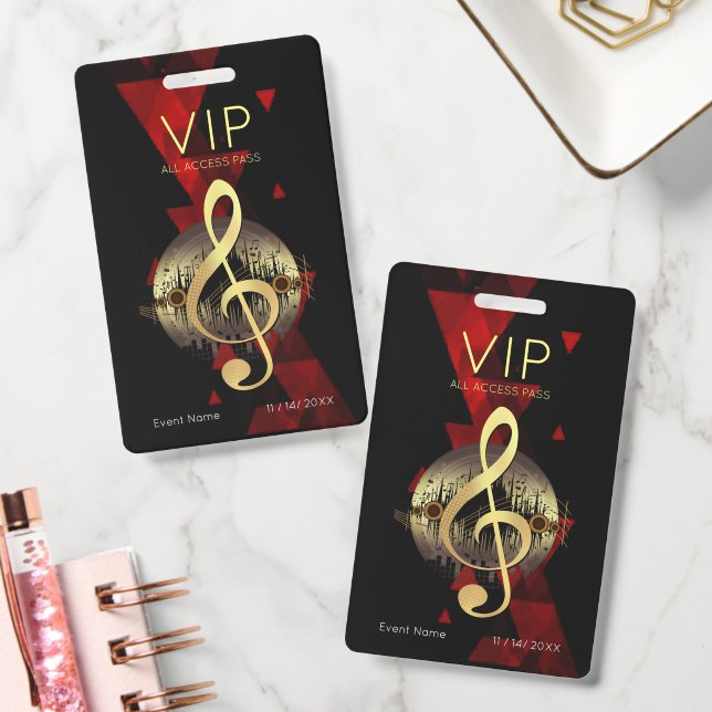 Gold Treble Clef VIP All Access Red Abstract  ID Badge (Office)